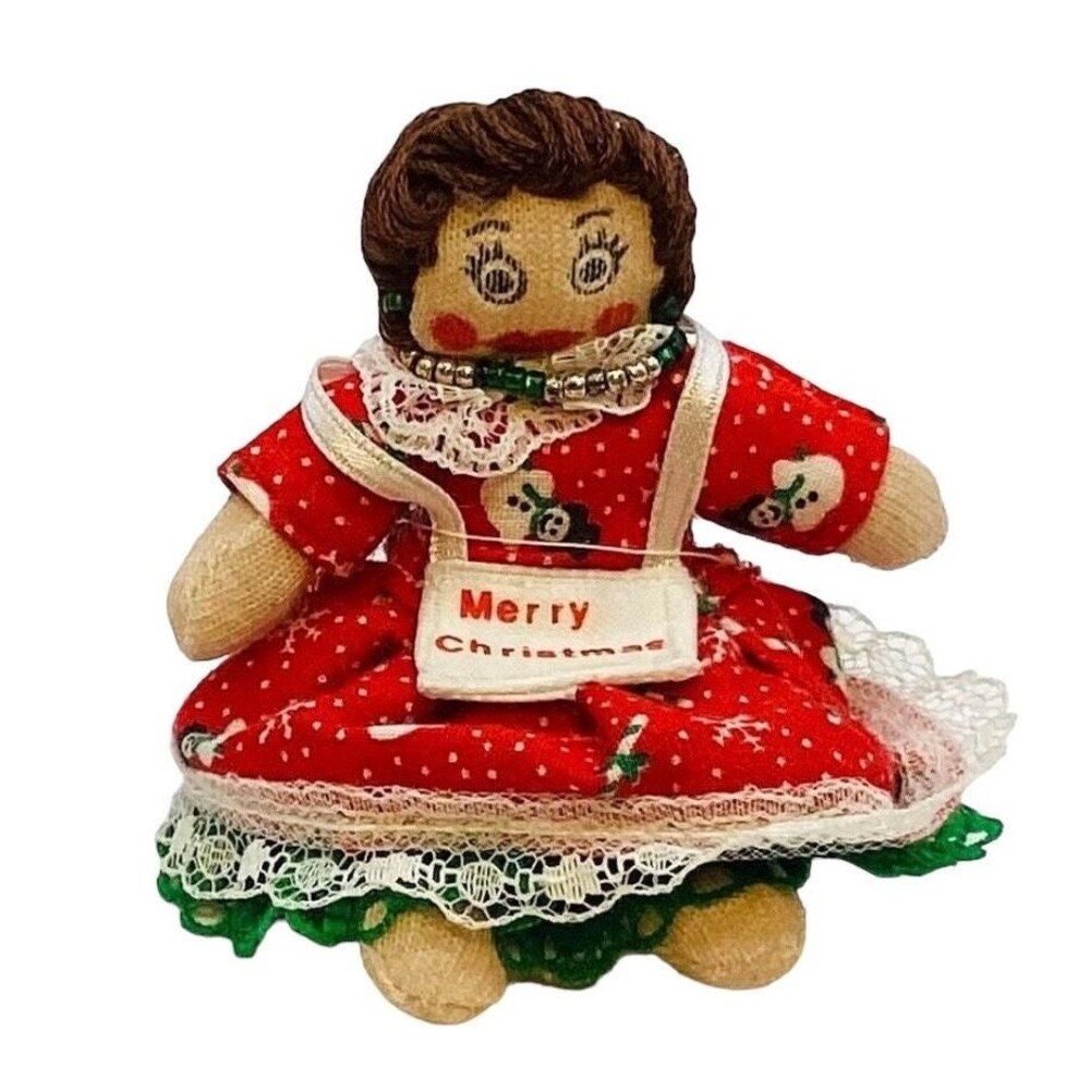 Christmas Rag Doll Vintage Ornament Pin Handmade Brooch by Nieces Mexico